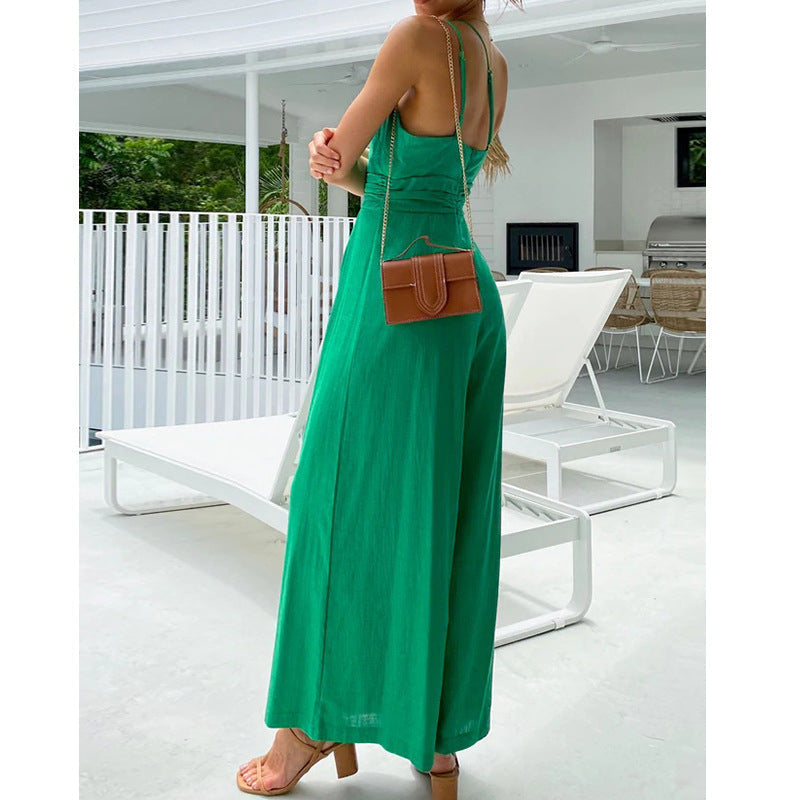 Asymmetric Thin Straps One-shoulder Wide Leg Jumpsuit