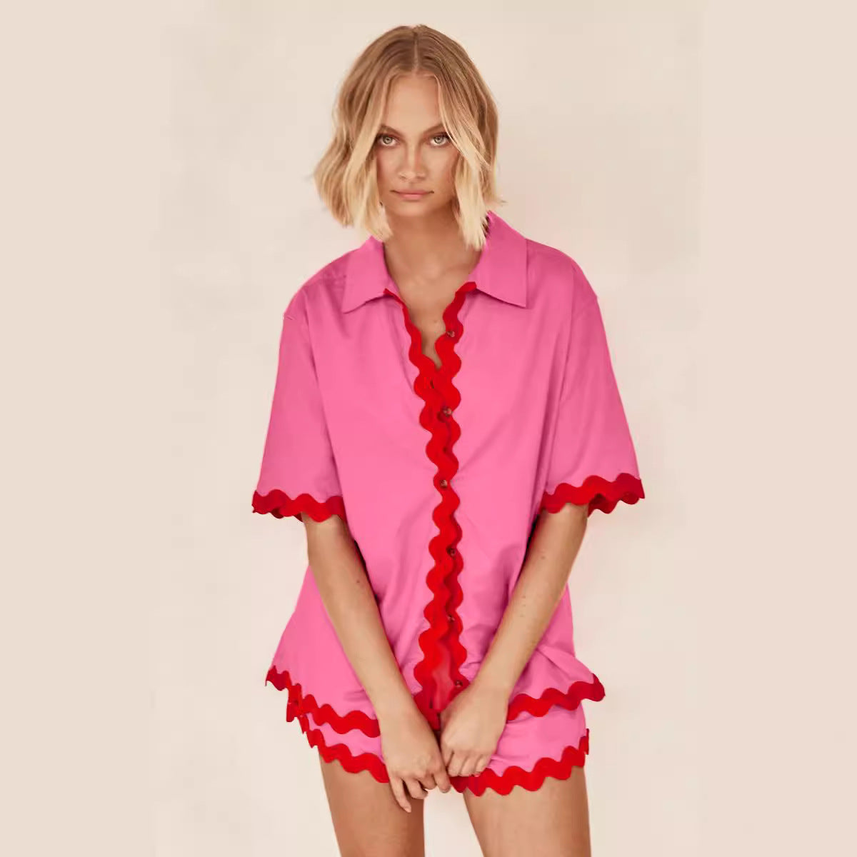 Wave Pattern Solid Shirt Top + Shorts Set