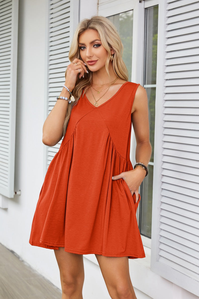 V-neck Sleeveless Pleated Pocket Dress