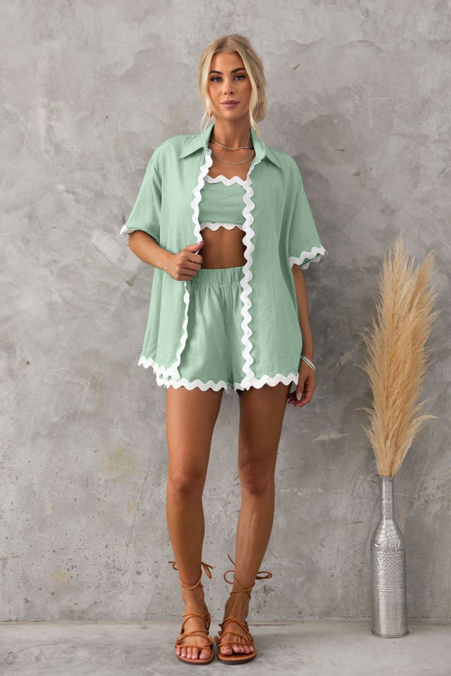 Wave Pattern Solid Shirt Top + Shorts Set