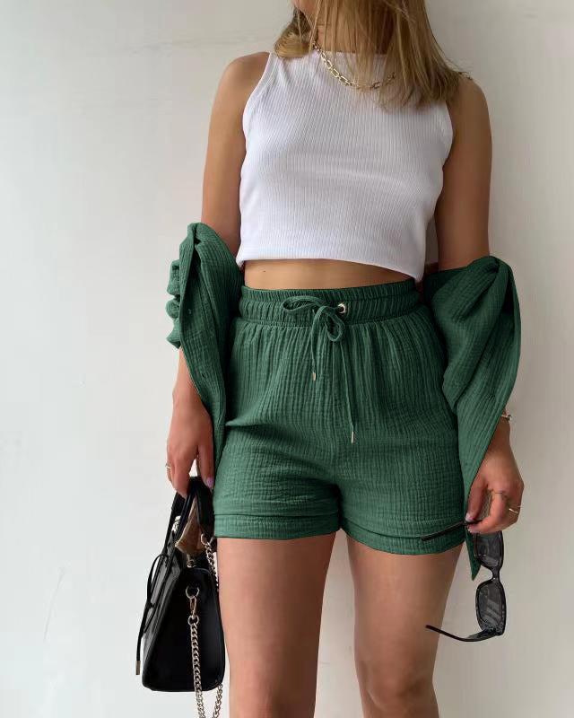 Textured Shirt + Drawstring Shorts 2-Piece Set