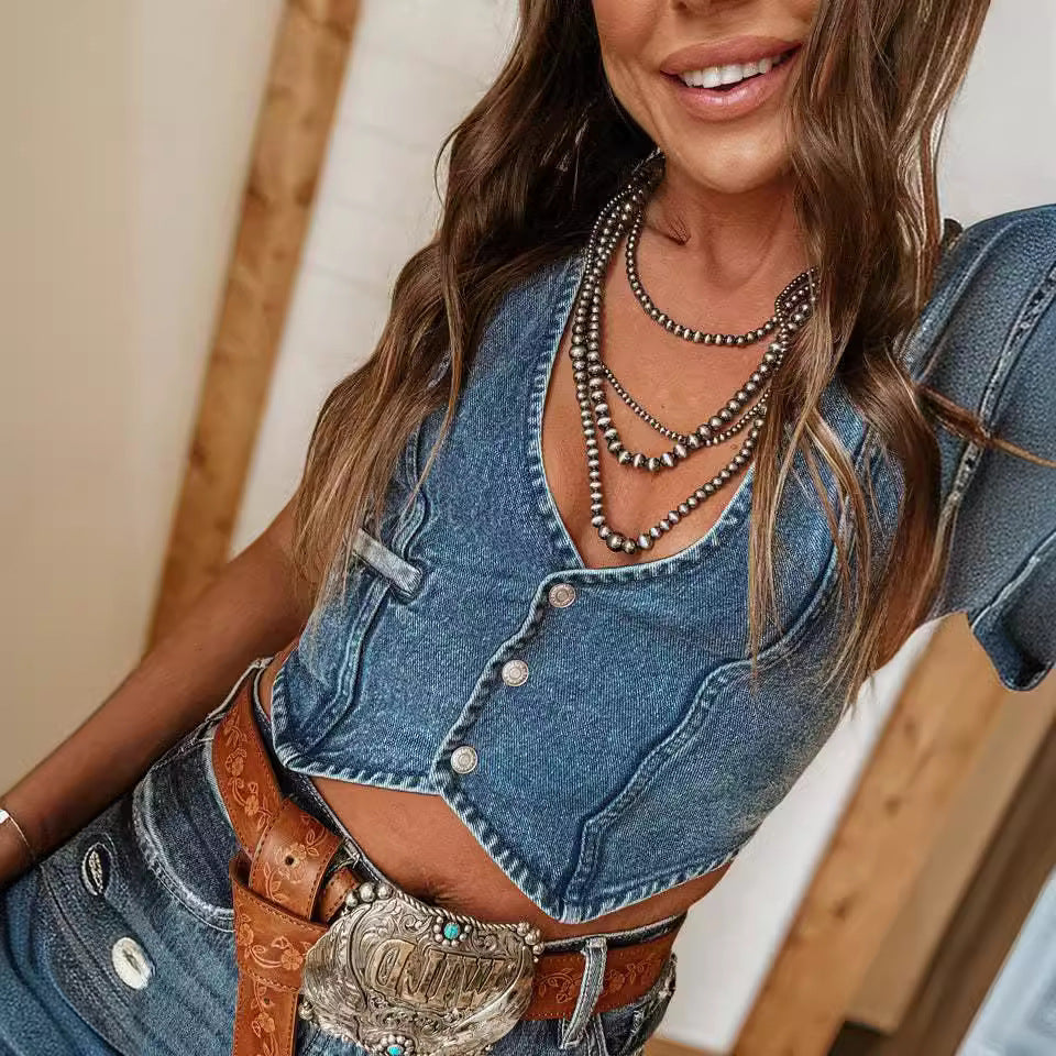 Western Button V Neck Denim Vest Top