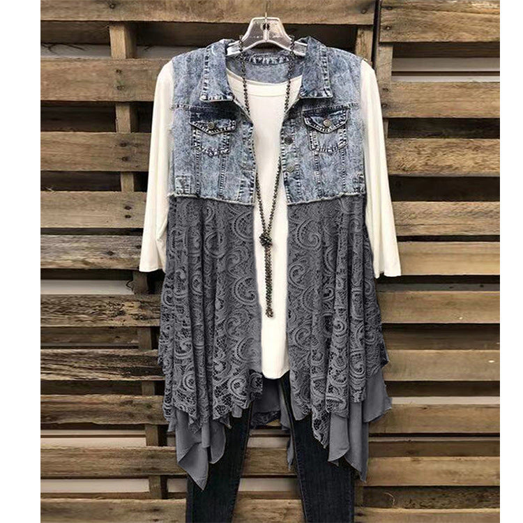 Lace Panel Denim Vest