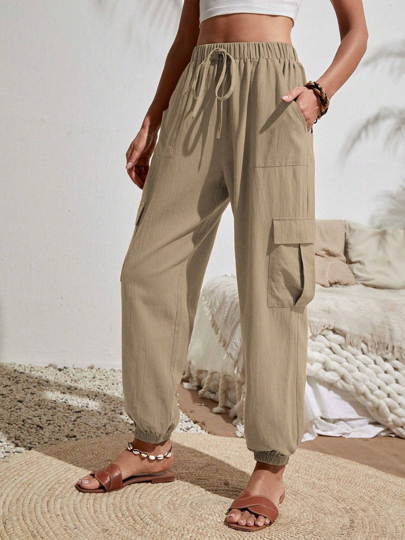 Flap Pocket Side Knot Waist Cargo Pants