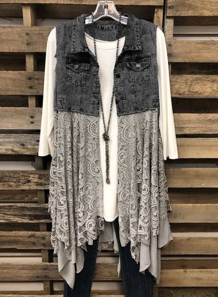 Lace Panel Denim Vest