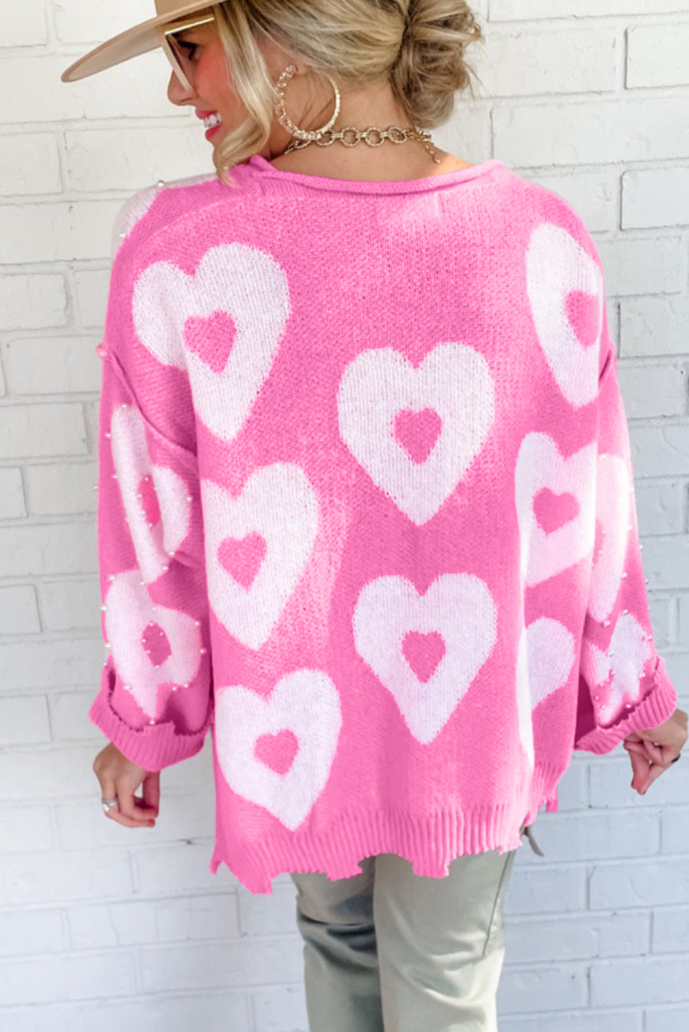 Valentine's Day Pearl Beaded Heart Sweater