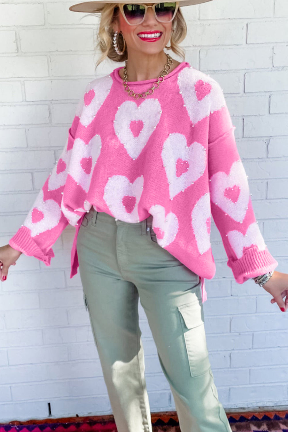 Valentine's Day Pearl Beaded Heart Sweater