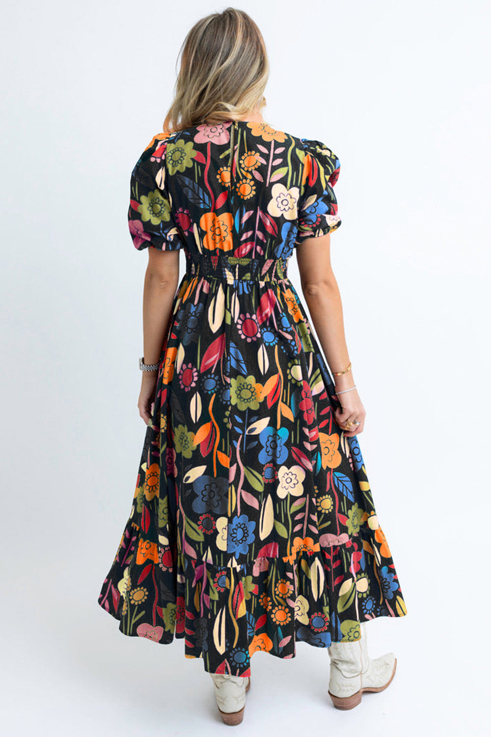 Retro Floral Printed Split Neck Maxi Dress