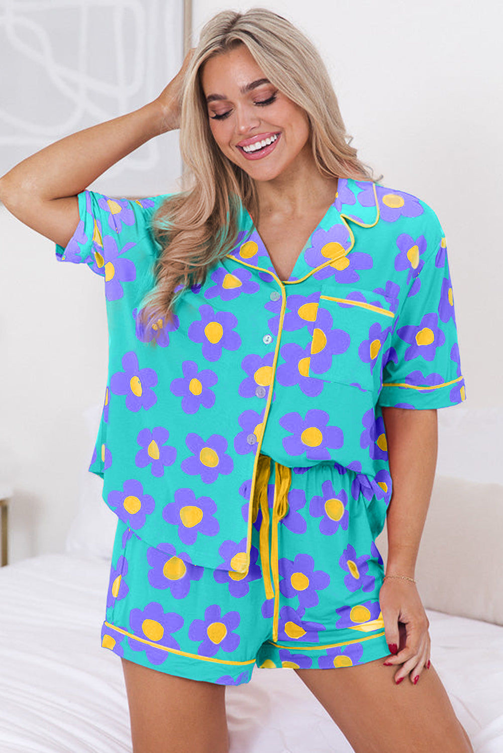 Print Short Sleeve Shirt Pajamas Set