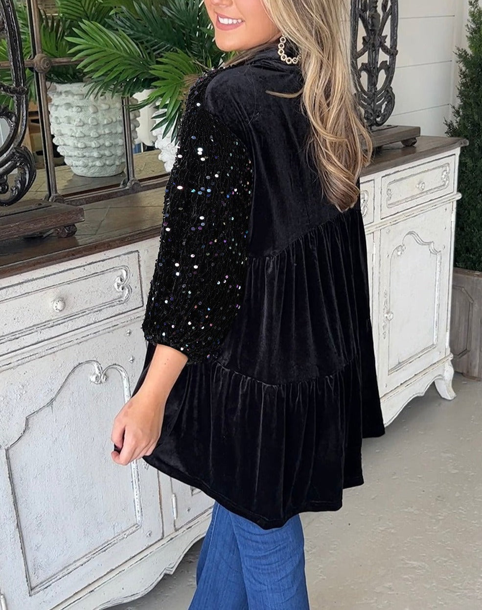 Sequin Buttoned Velvet Peplum Shirt