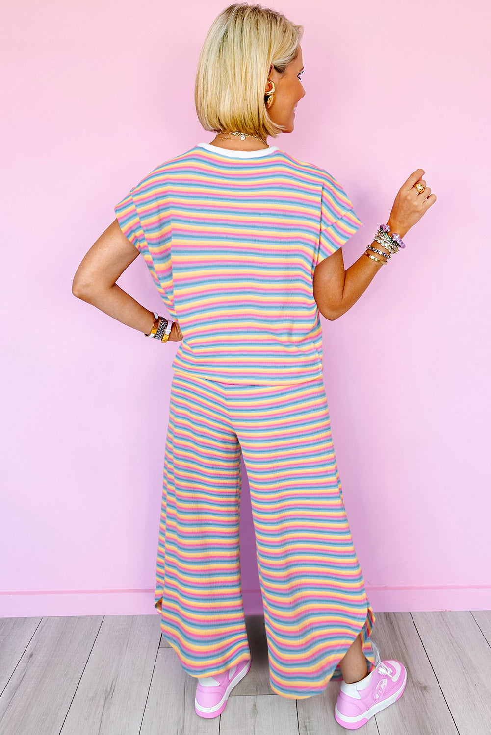 Stripe Tee Tasseled String Wide Leg Pants Set