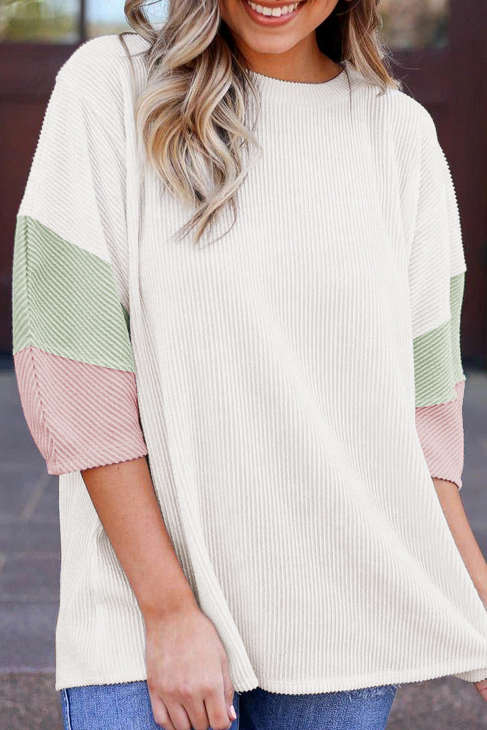 Color Block Ribbed Knit Quarter Sleeve Top