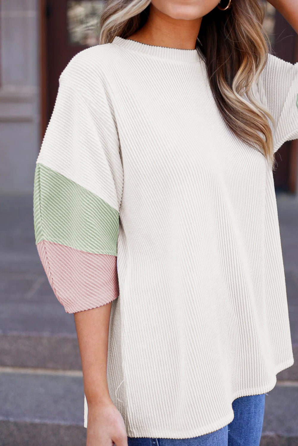 Color Block Ribbed Knit Quarter Sleeve Top