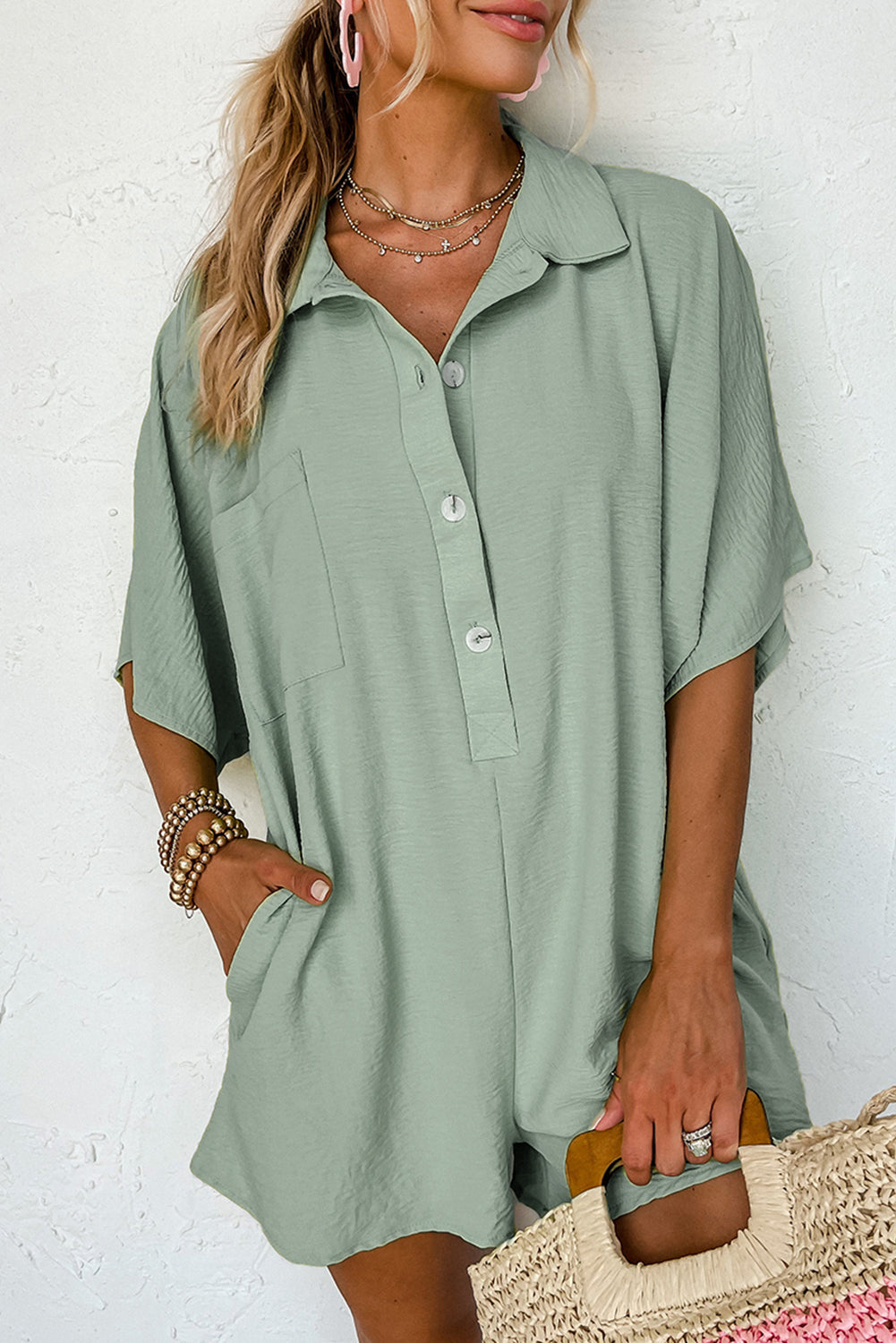 Half Button Collared Loose Romper