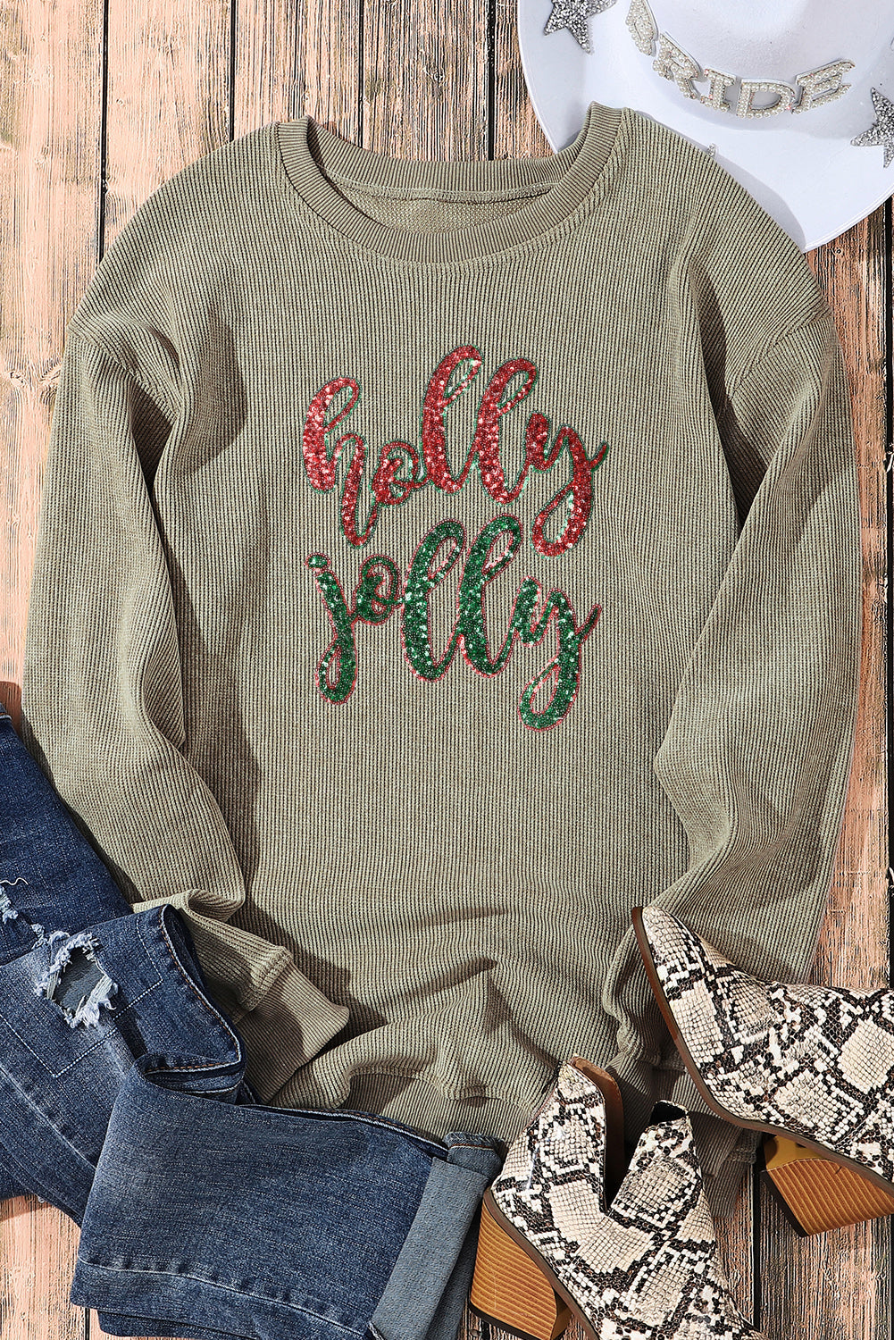 Sequined holly jolly Corded Sweatshirt