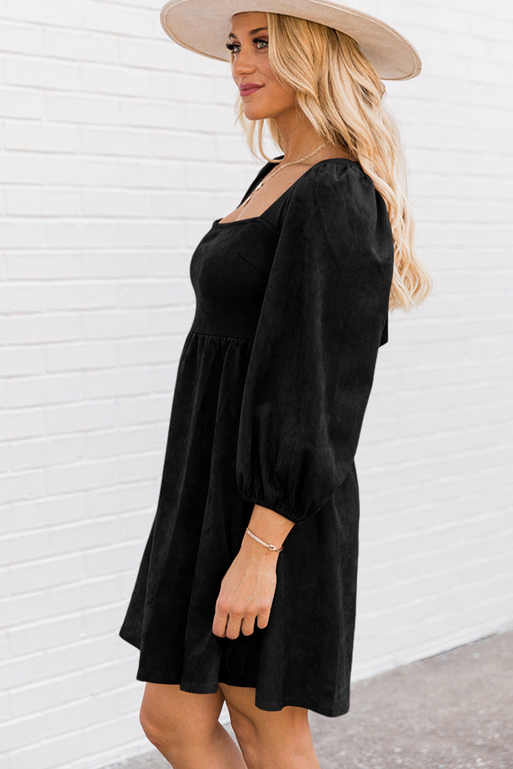 Suede Square Neck Puff Sleeve Dress