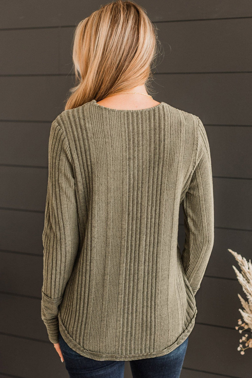 V Neck Buttoned Ribbed Knit Top