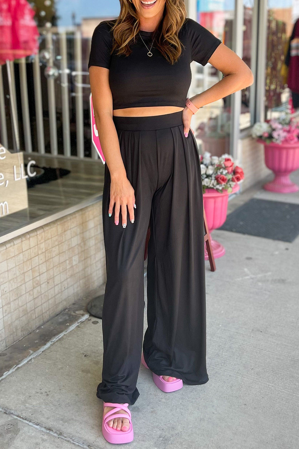 Slim Fit Crop Top and Pleated Wide Leg Pants Set