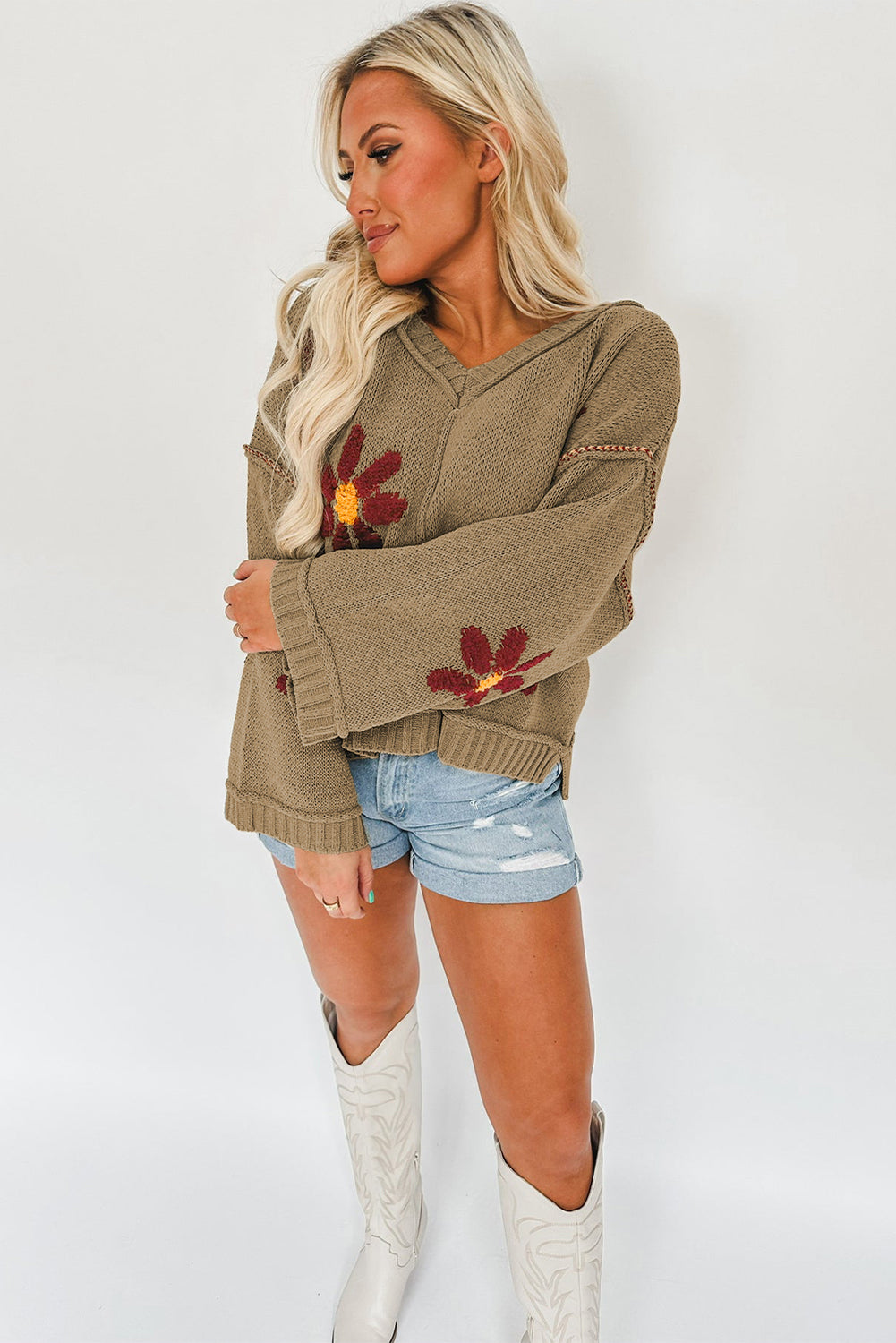 Flower Knit Ribbed Trim Sweater