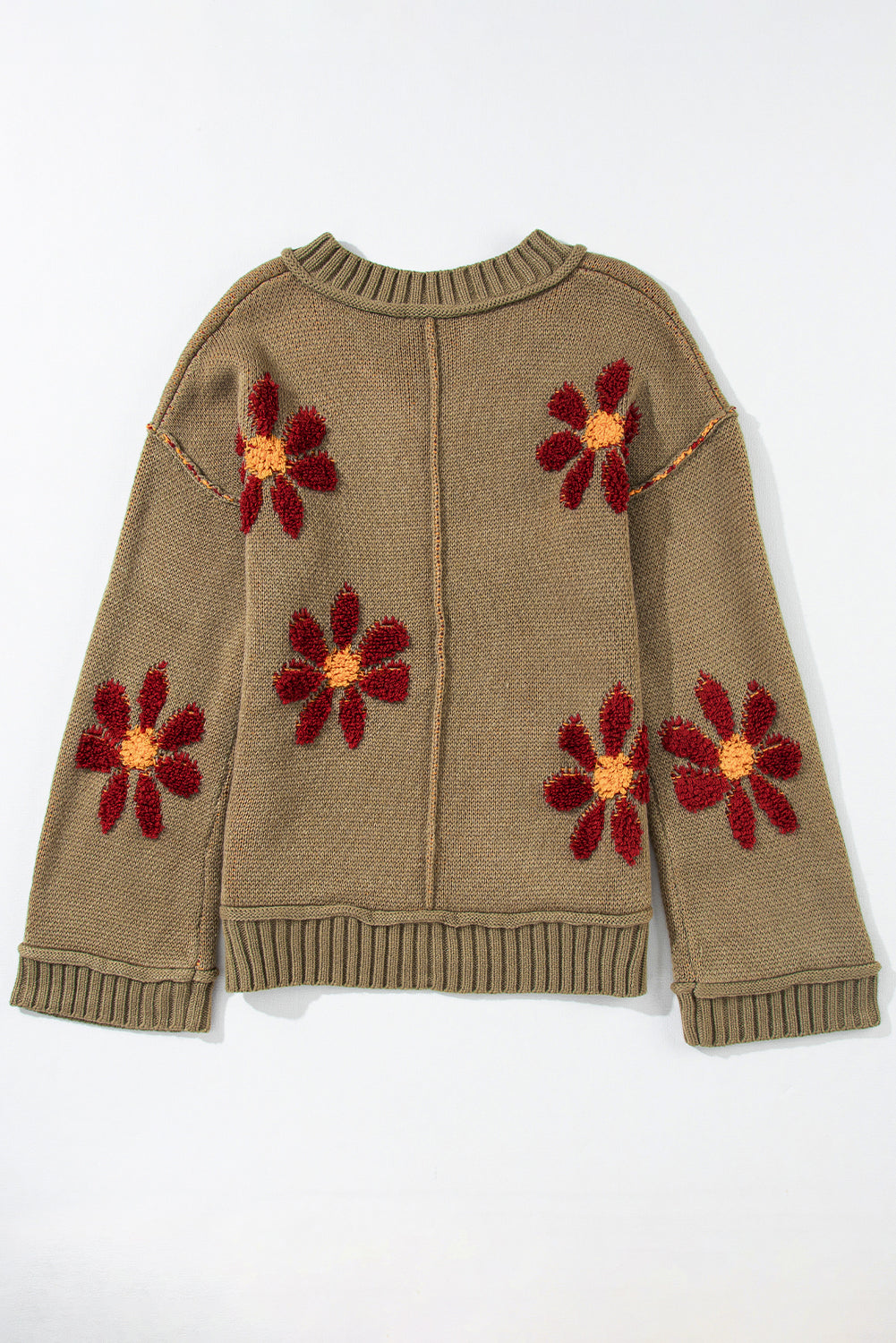 Flower Knit Ribbed Trim Sweater