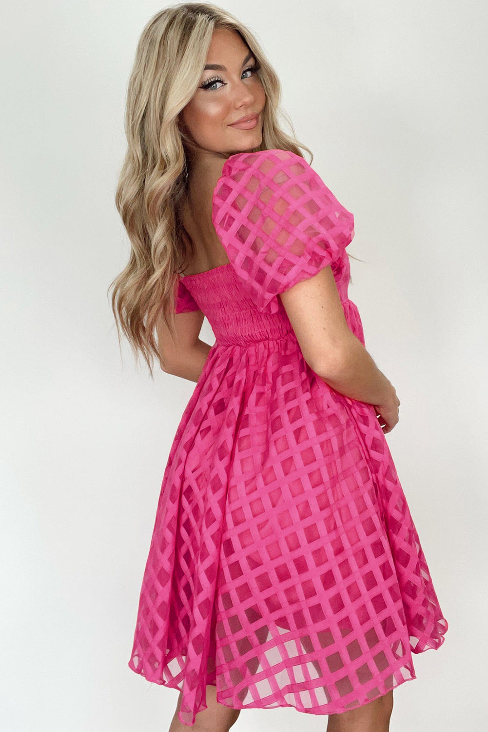 Pink Checkered Puff Sleeve Babydoll Dress