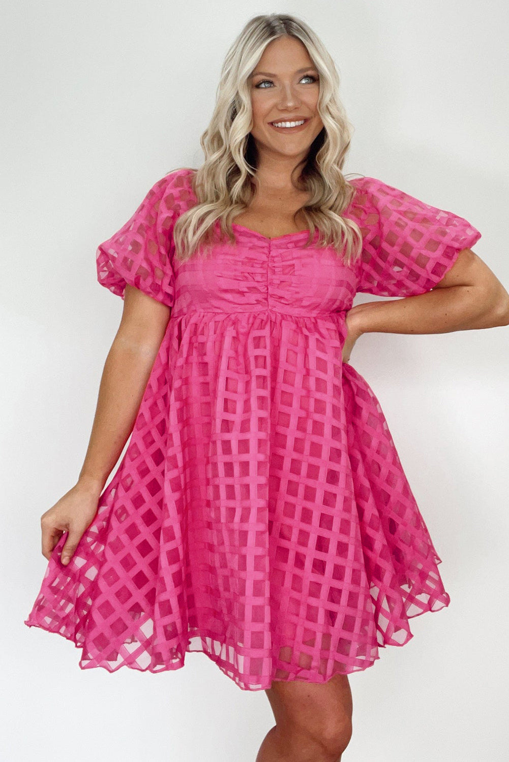 Pink Checkered Puff Sleeve Babydoll Dress