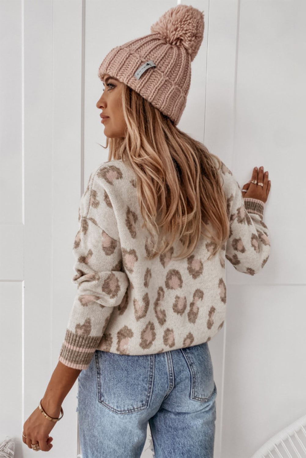 Two-tone Ribbed Trim Contrast Leopard Sweater