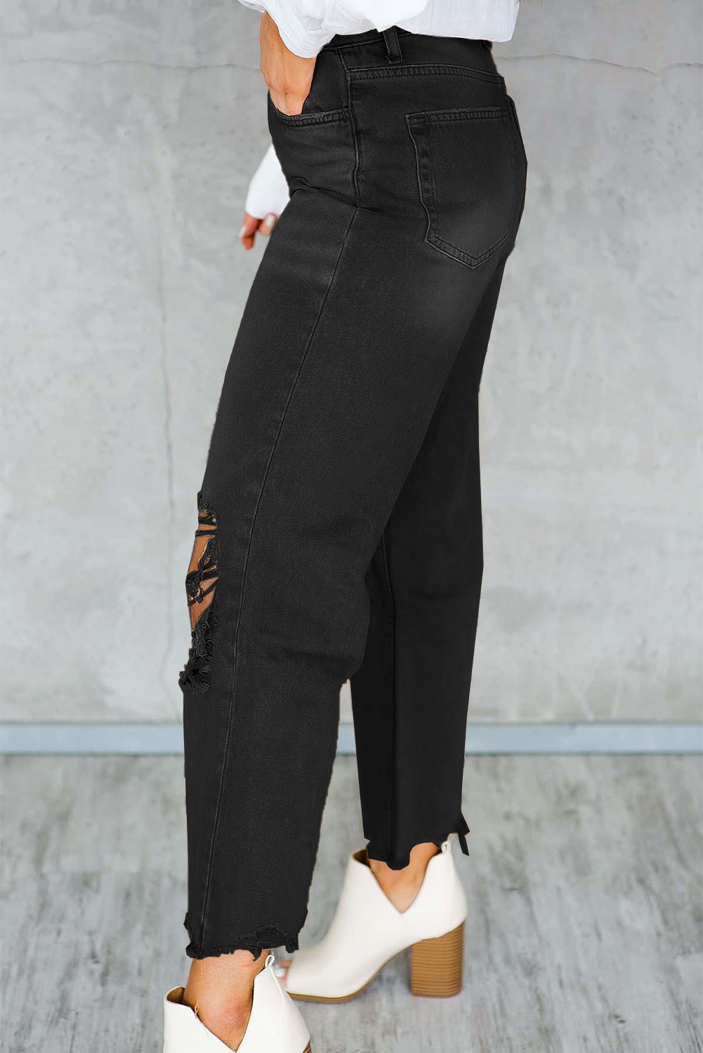 Distressed Hollow-out High Waist Cropped Jeans