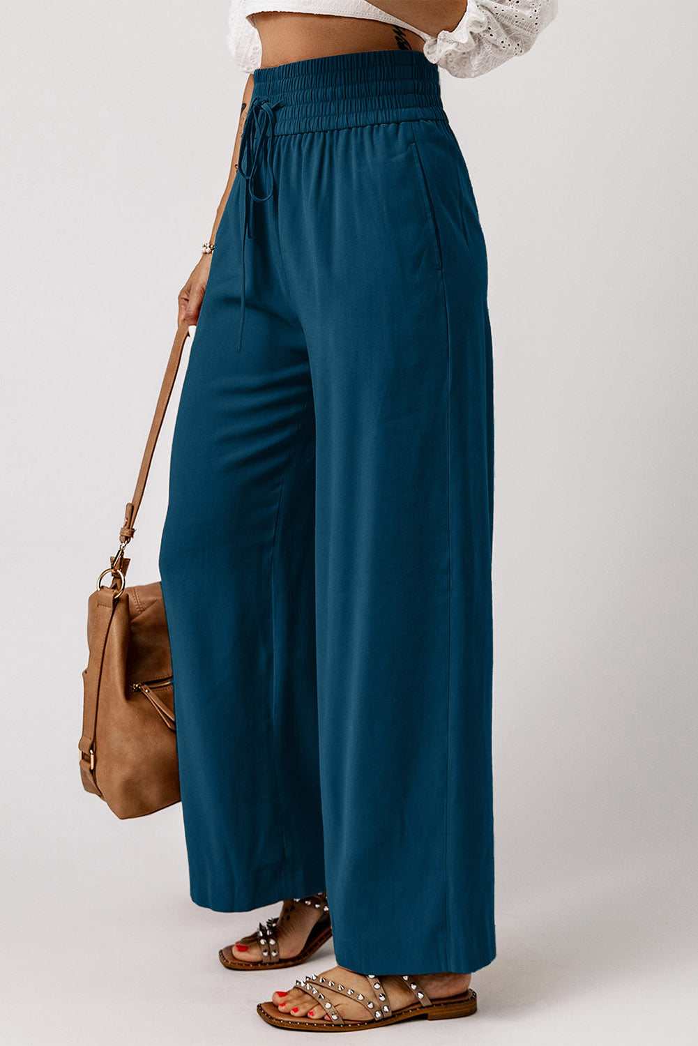 Drawstring Elastic Waist Wide Leg Pants