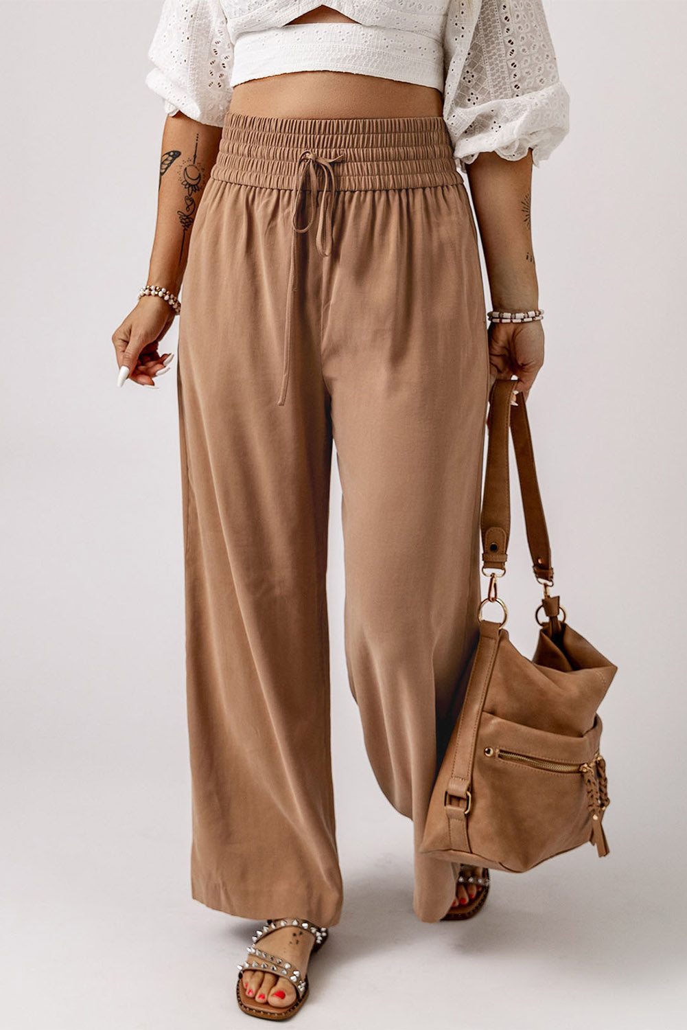 Drawstring Elastic Waist Wide Leg Pants