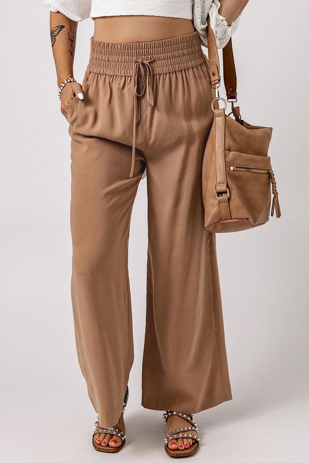 Drawstring Elastic Waist Wide Leg Pants