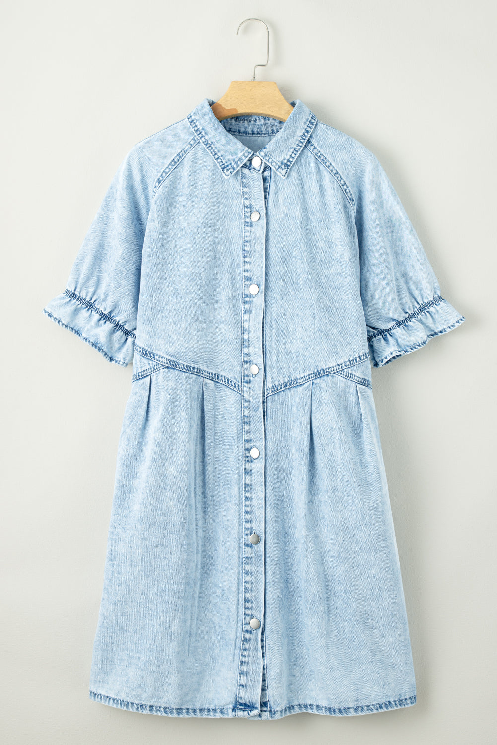 Wash Ruffled Short Sleeve Buttoned Denim Dress