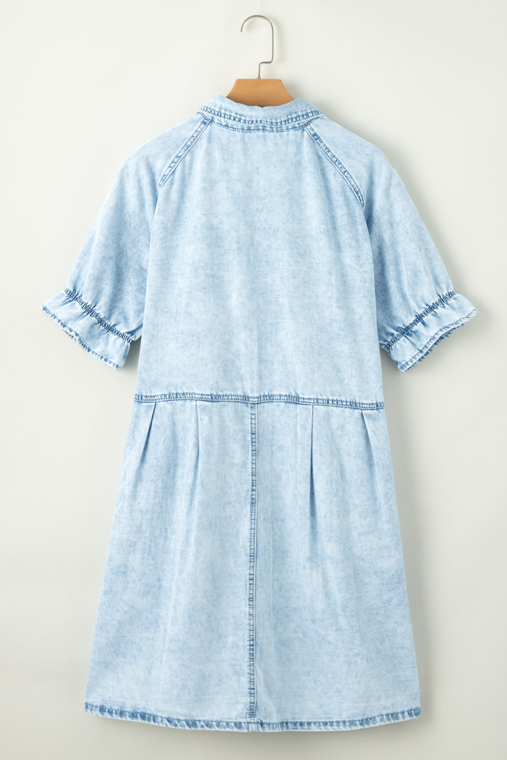 Wash Ruffled Short Sleeve Buttoned Denim Dress