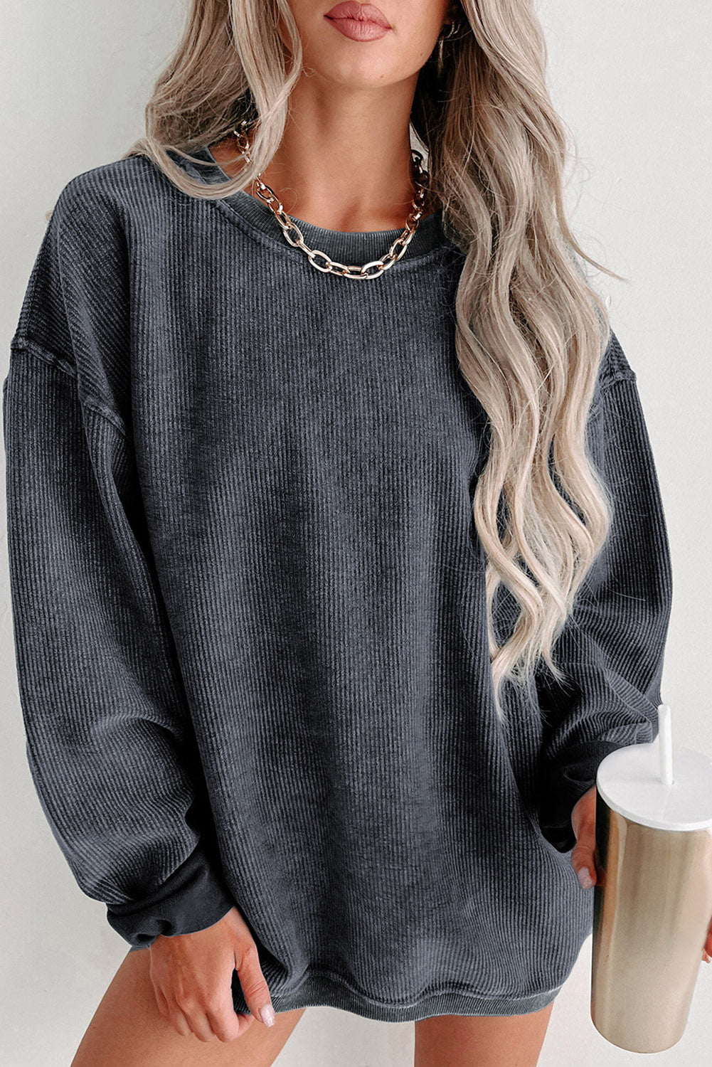 Solid Ribbed Knit Round Neck Pullover Sweatshirt