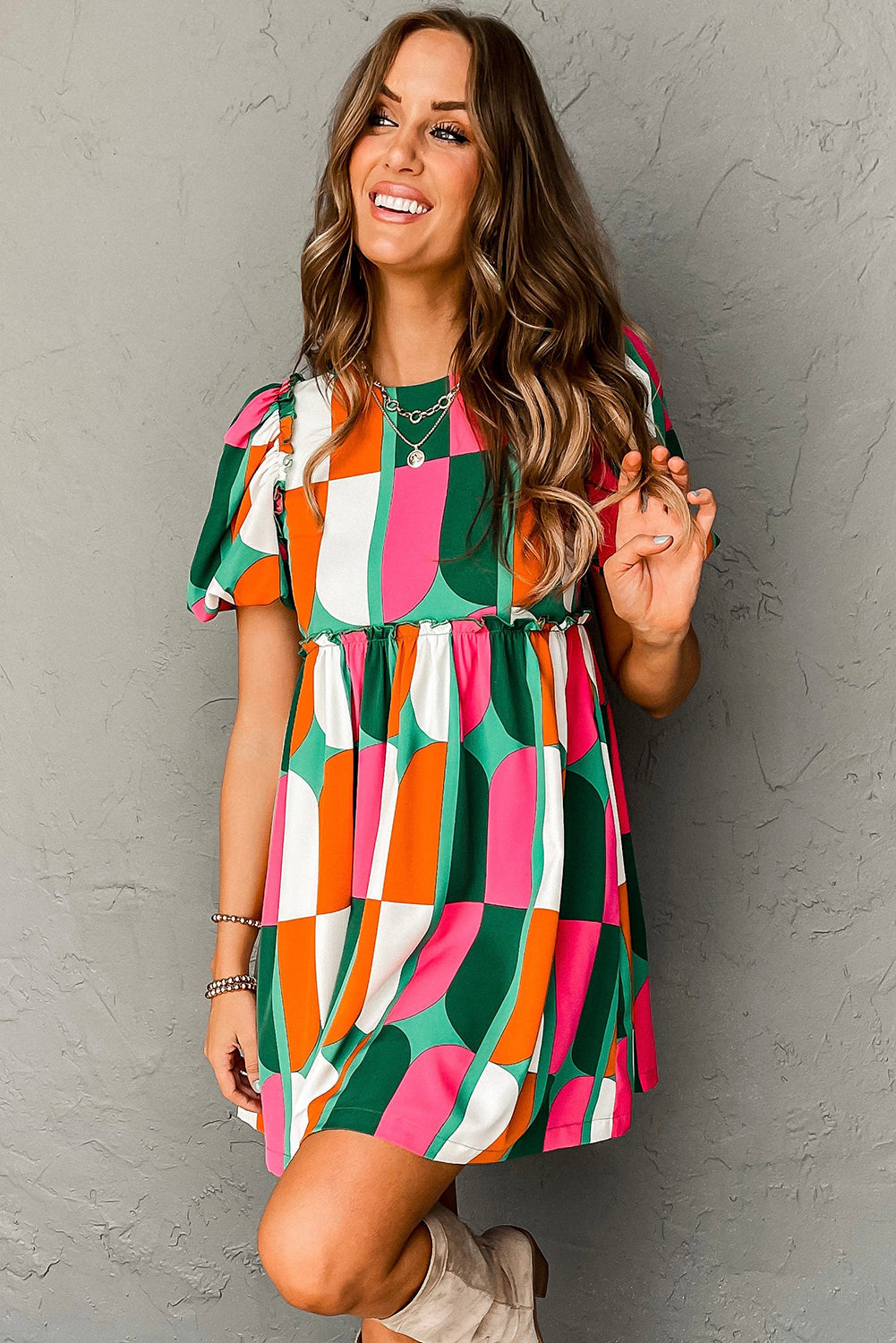 Abstract Print Puff Sleeve Short Dress