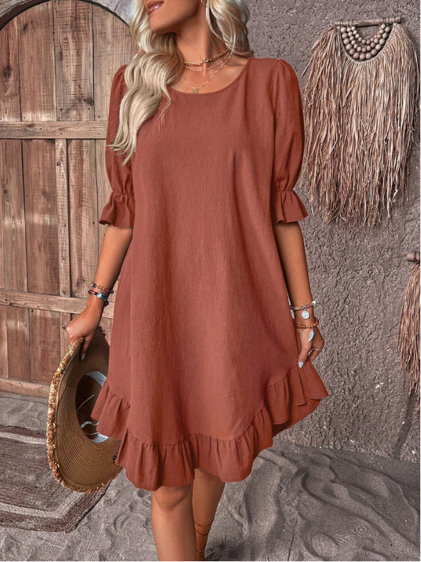 Linen Round Neck Solid Color Dress