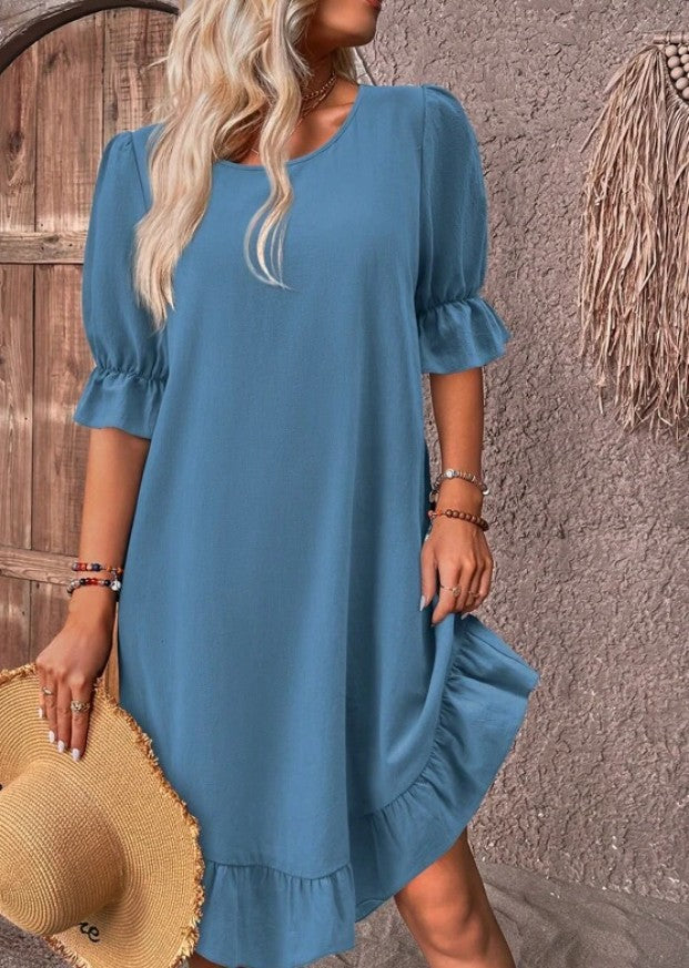 Linen Round Neck Solid Color Dress