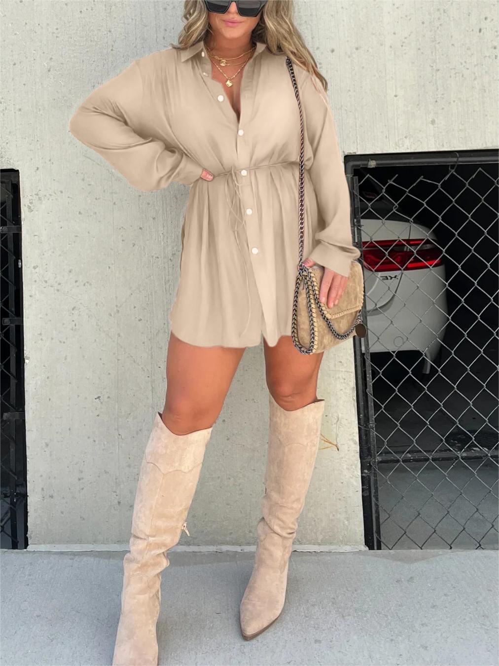 Solid Color Long Sleeve Shirt Jumpsuit