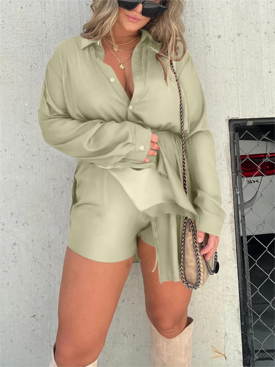 Solid Color Long Sleeve Shirt Jumpsuit