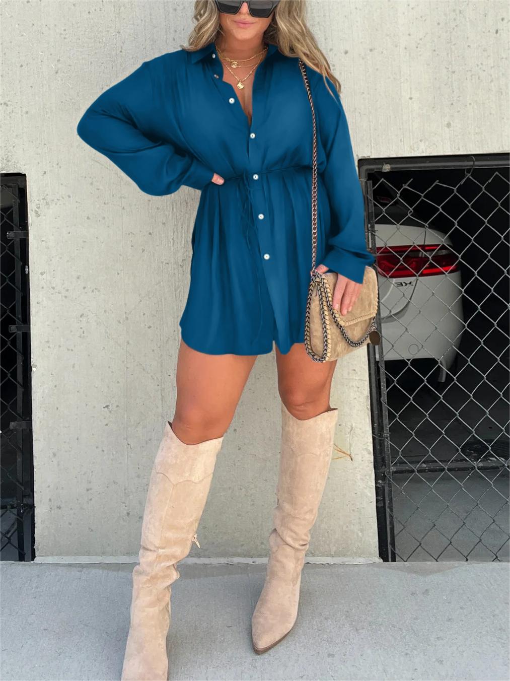 Solid Color Long Sleeve Shirt Jumpsuit