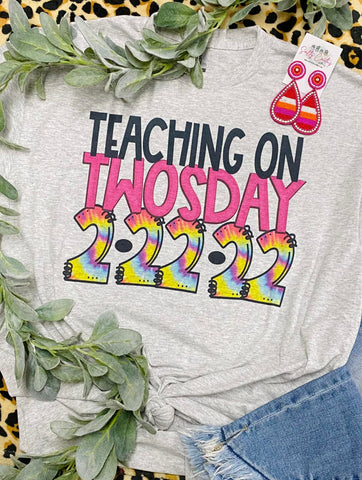 Teaching on a Twosday Pink Tie Dye Grey Tee