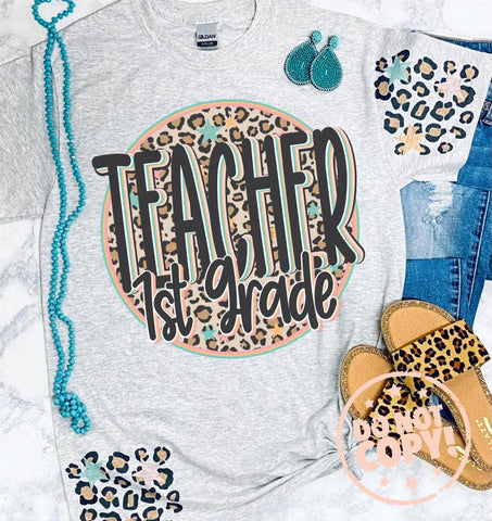 Teacher School Grade Leopard Circle Grey Tee