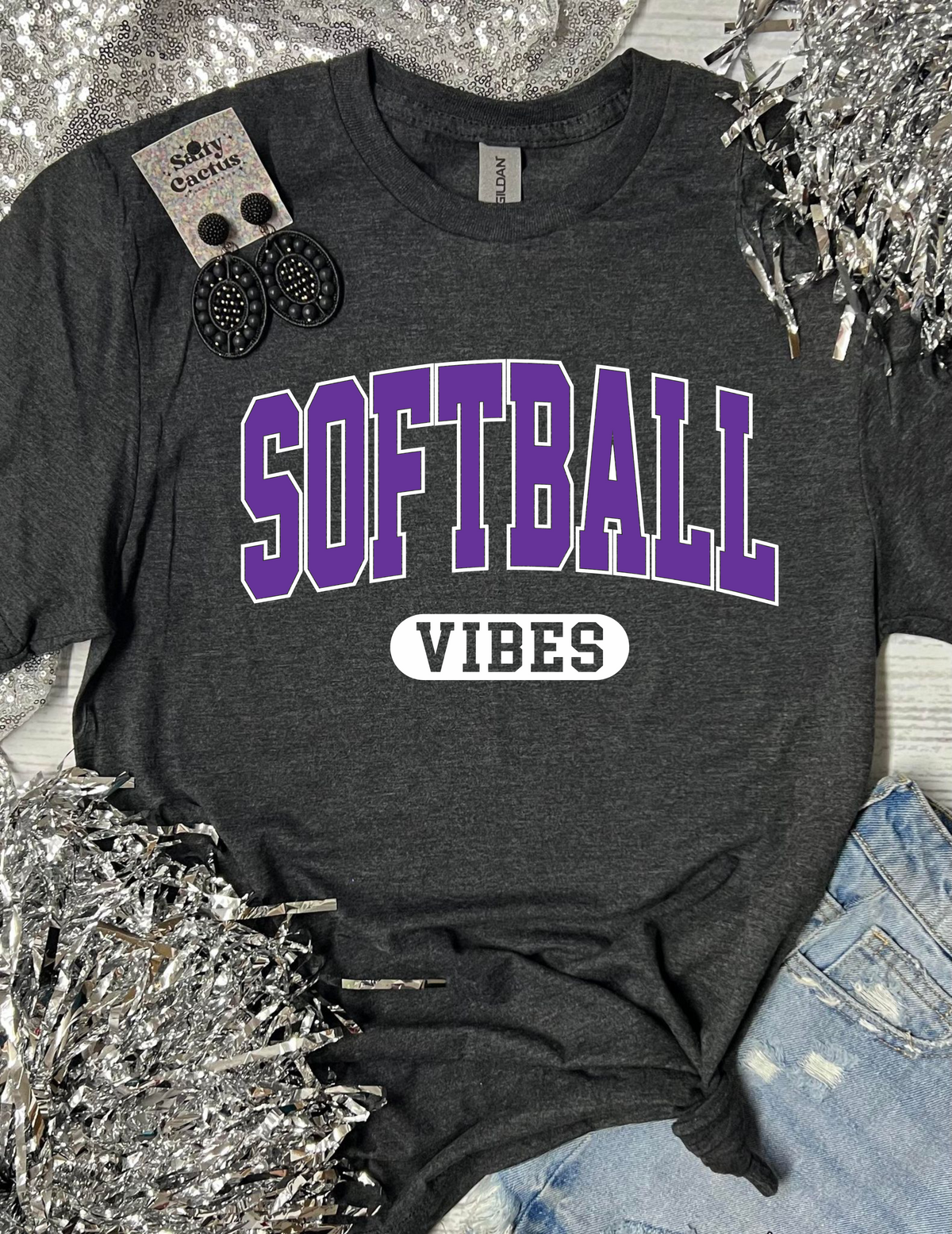 *DTF* Vintage Softball Vibes Dark Grey Tee