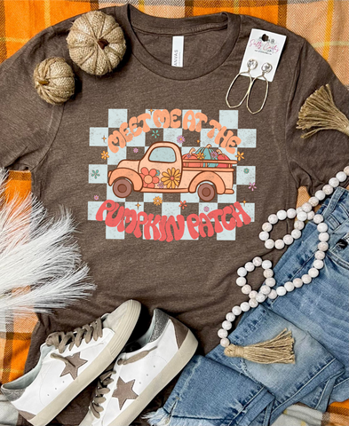 *DTF* Checkered Truck Meet Me At The Pumpkin Patch Brown Tee