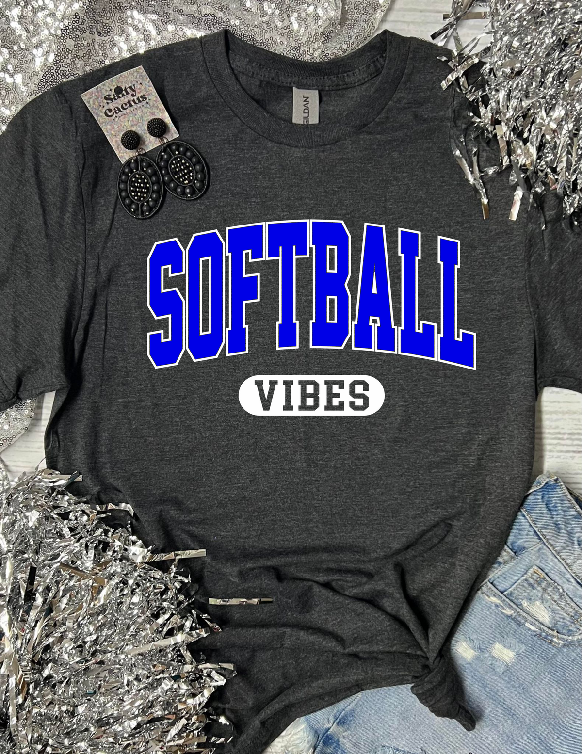 *DTF* Vintage Softball Vibes Dark Grey Tee