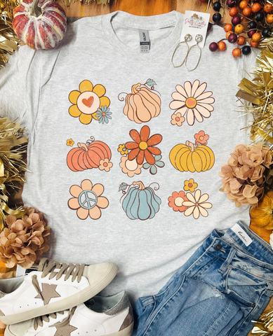 Vintage Fall Flowers and Pumpkins Ash Grey Tee