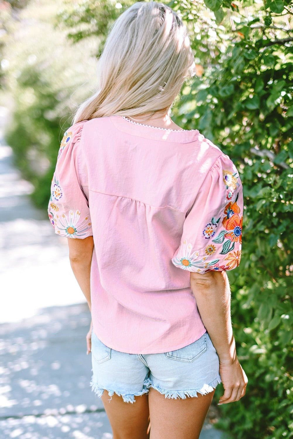 Embroidered Floral Puff Sleeve Split Neck Blouse