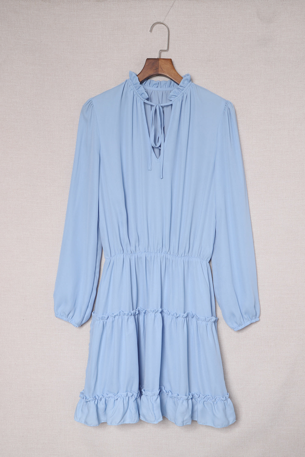 Light Blue V Neck Long Sleeve Ruffle Tiered Mini Dress