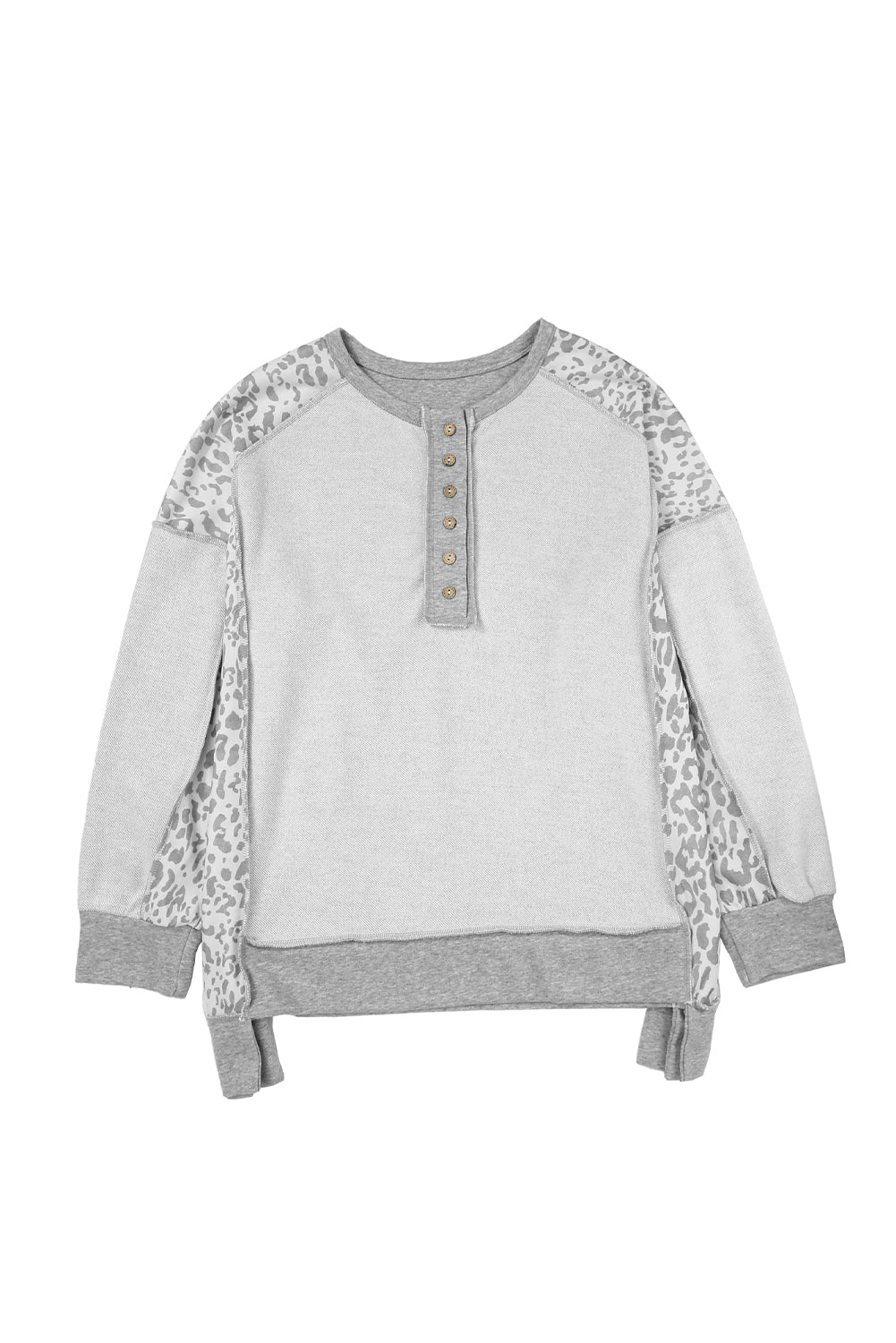 Gray Leopard Patchwork Exposed Seam Buttoned Neck Sweatshirt