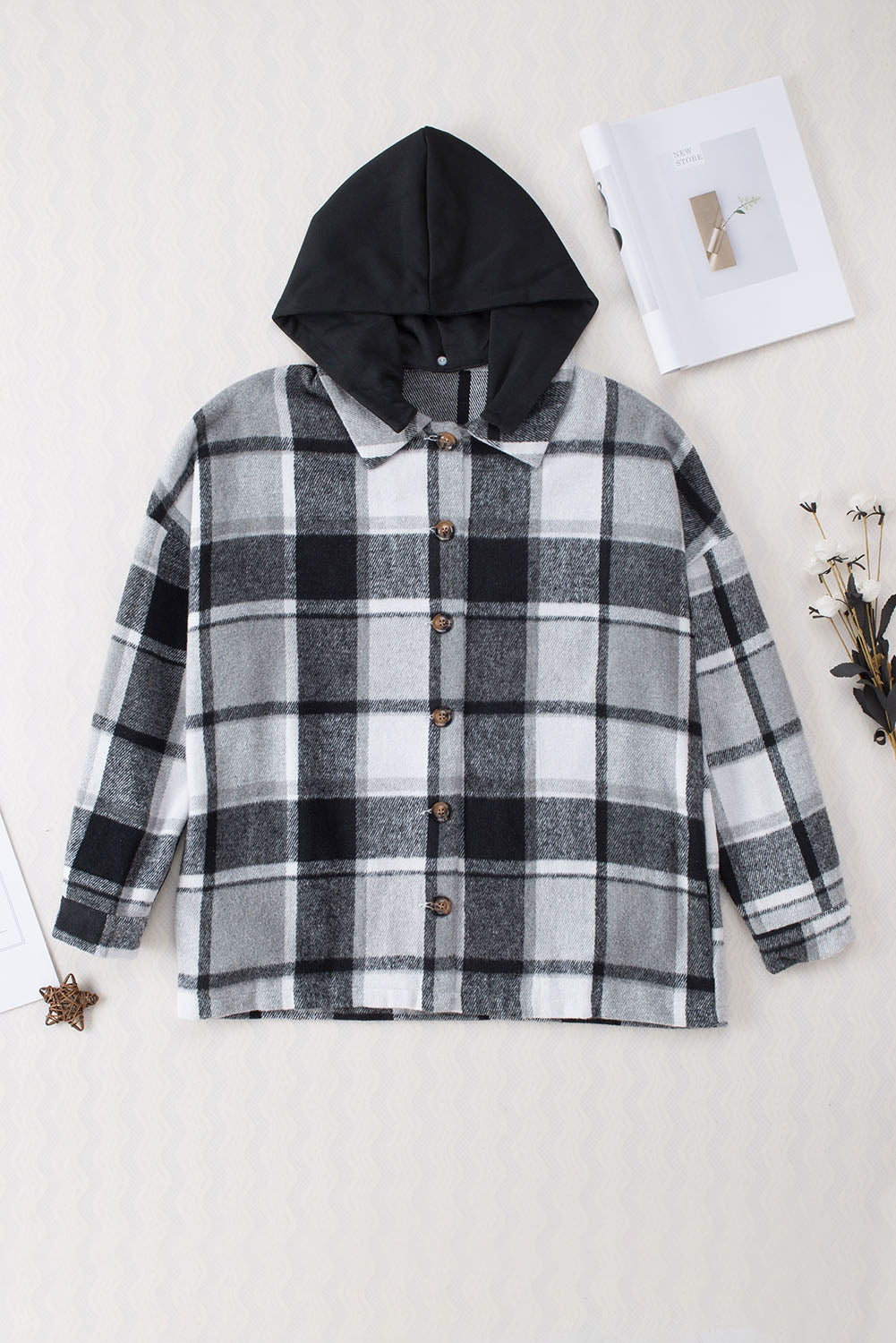 Green Hooded Plaid Button Front Shacket